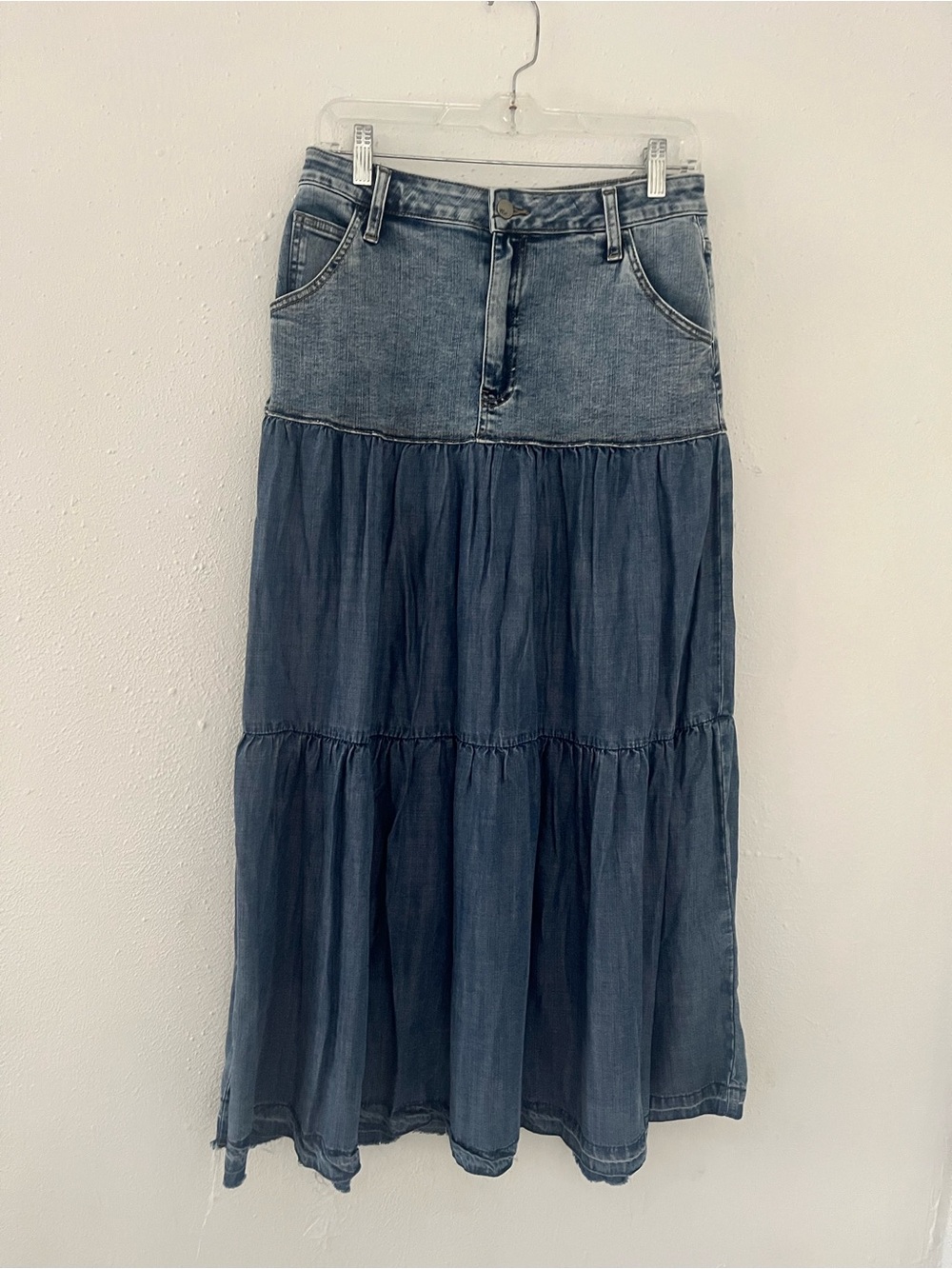 Wash Lab Denim Tiered Maxi Skirt in Washed Blue
